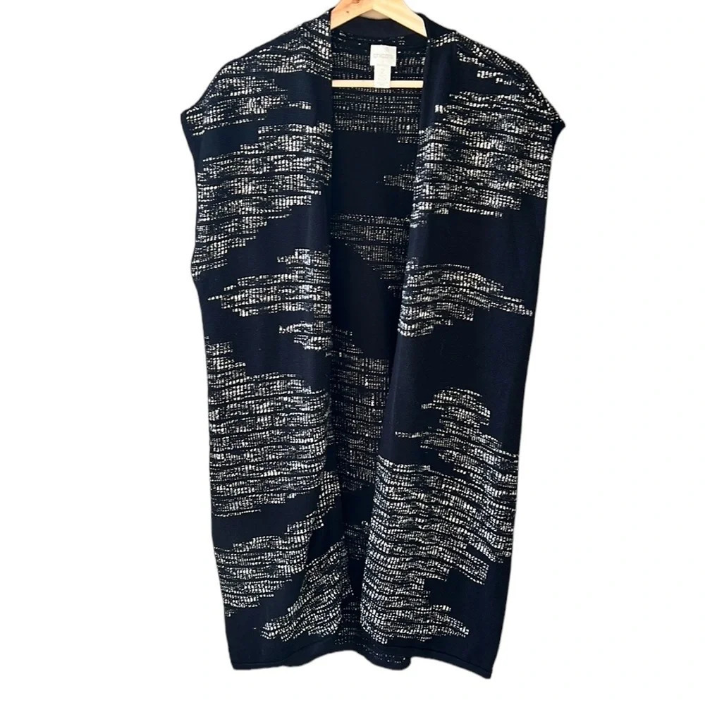 Chico’s Tweed Knit Long Line Contemporary Sweater Vest. Black White sz L
